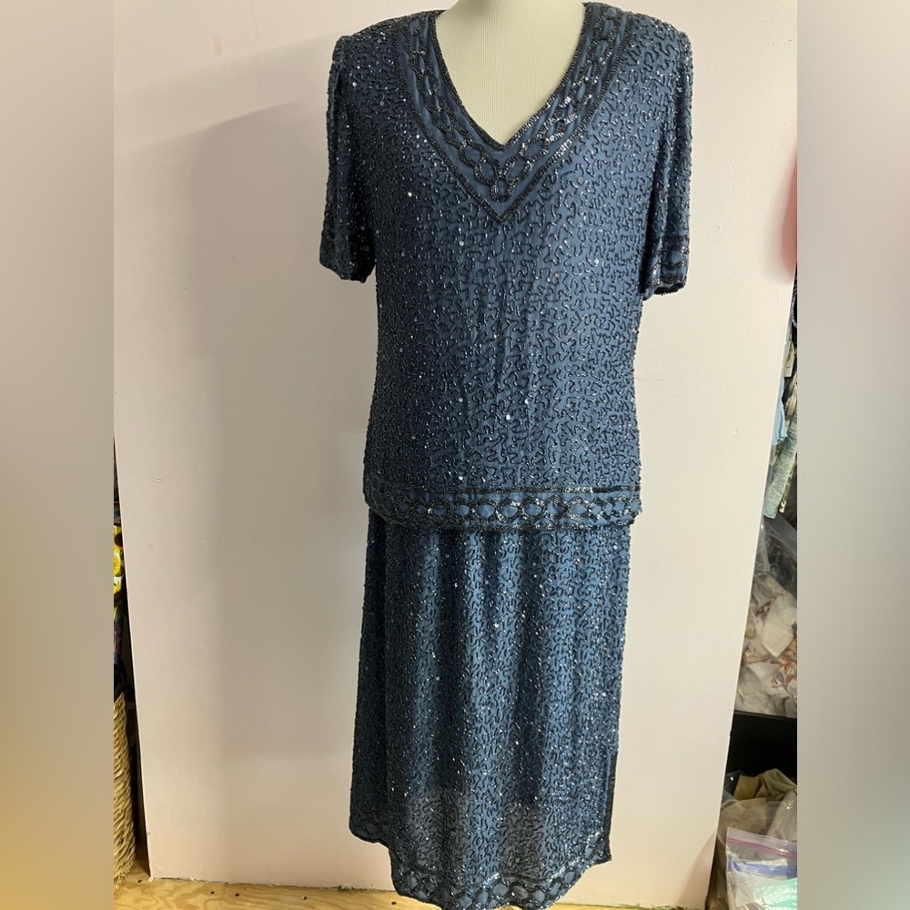 Creative Creations Women’s 2-Piece Midi Skirt Set, XL, Sequined, Silk, Blue